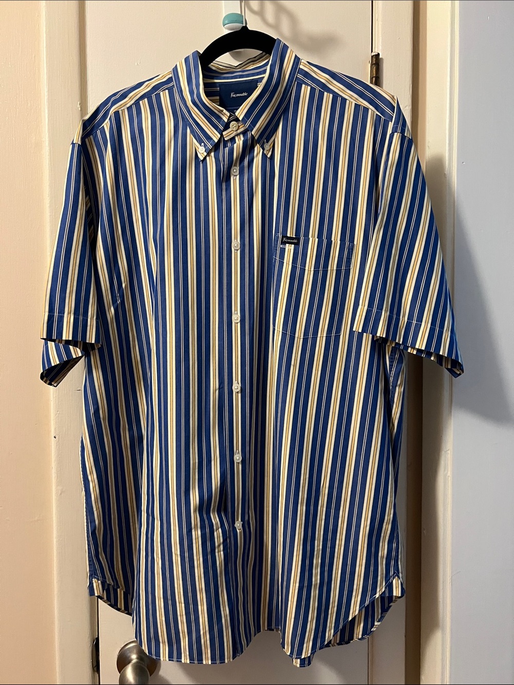 Faconannable Blue & Yellow & White Striped Short-Sleeve Dress Button-Down Shirt
